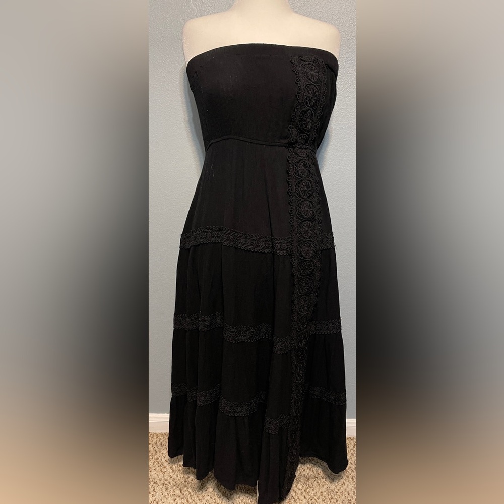 Justify Black Strapless Lace Trim Midi Dress Tiered Goth Cottagecore Y2K Medium - Picture 2 of 8